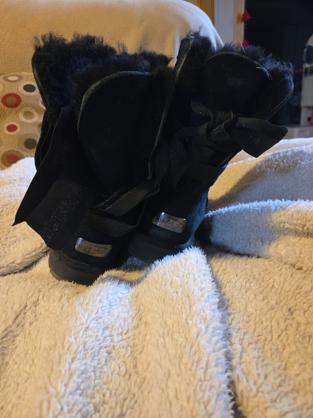 UGG Black Suede Fur-Trim Bow Back Short Boots